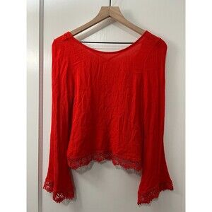 H&M Coachella Top Red Bell Sleeve Crochet Lace Trim Criss Cross Back Women's 2